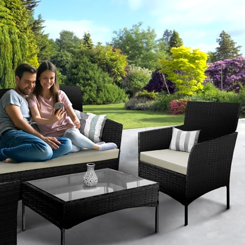 KEPLIN 4-Piece Rattan Garden Furniture Set Outdoor Lounger Sofa, Stackable Chairs & Bistro Table - UV-Resistant, Easy Storage - Patio Dining (Black)