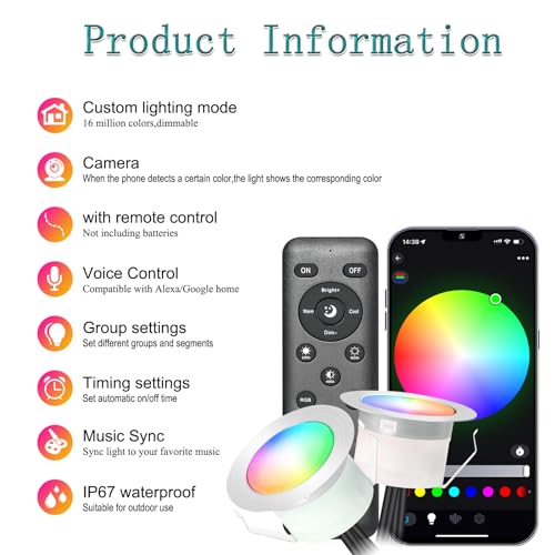 GEYUEYA Home LED Decking Lights RGB Ø45MM 12V 0.5W WiFi LED Decking Patio Lighting for Terrace Kitchen Outdoor Indoor Lamps with Remote Control - 6 Packs