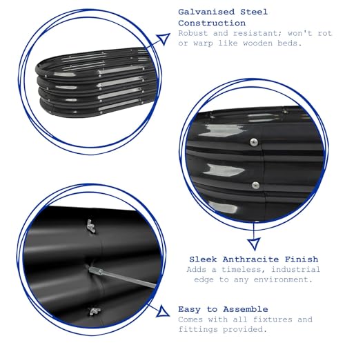 Harbour Housewares Raised Garden Bed - Anthracite - 180 x 90cm - Rounded - Bottomless Metal Raised Bed Galvanised Steel Planter Box for Growing Outdoor Plants, Vegetables, Flowers and Herbs