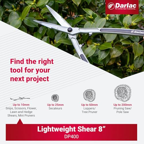 Darlac Lightweight Shear 8” – Extra Long Razor Sharp Blades for Greater Cut Capacity – Long Handles For Extra Reach Ideal For Grass & Hedge Trimming & Topiary – Lightweight SK5 High Carbon Steel Blade