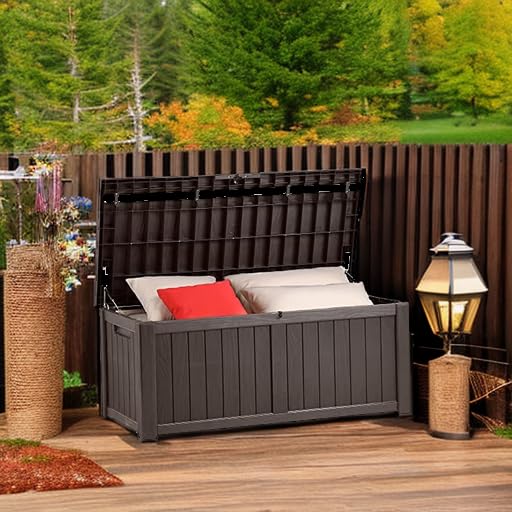 YITAHOME 450L Garden Storage Box Waterproof, Large Outdoor Storage Box with Lid, Lockable Deck Boxes Outdoor Storage Containers for Patio Cushions Garden Tools, Brown, 140 x 66 x 59cm