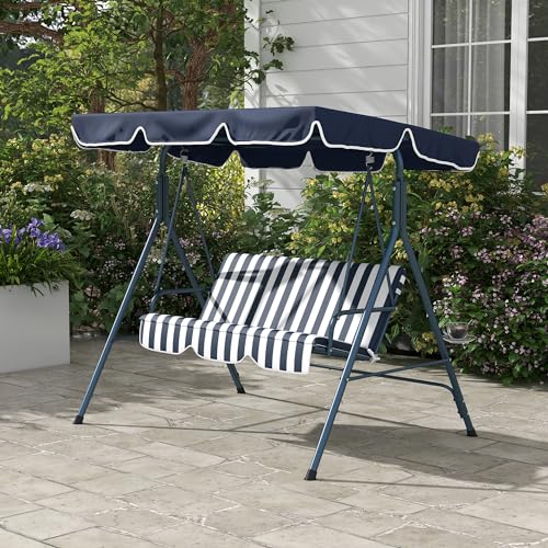 Outsunny 3 Seater Garden Swing Chair with Adjustable Tilting Canopy, Outdoor Hammock Bench with Steel Frame, Padded Seat for Patio Yard Outside, Blue