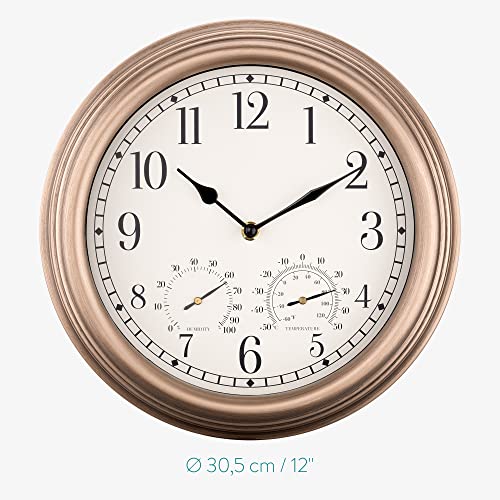 Navaris Waterproof Outdoor Clock - 30.5cm Large Outdoor Clock and Thermometer for Garden - Battery Operated Wall Clock with Temperature and Humidity