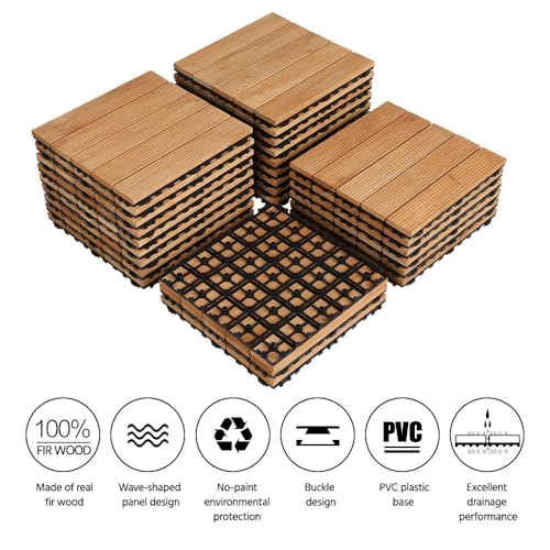 Yaheetech 27 Pcs Composite Decking Tiles Flooring Tiles Interlocking Fir Wood Deck Tiles Indoor & Outdoor for Patio Garden Poolside 30×30cm- Natural Wood