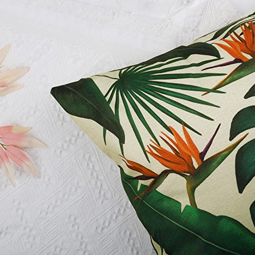 Bonhause Tropical Leaves Cushion Covers 45 x 45 cm Green Leaf Plant Decorative Throw Pillow Covers Polyester Linen Pillowcases for Sofa Patio Garden Outdoor Decor Set of 4
