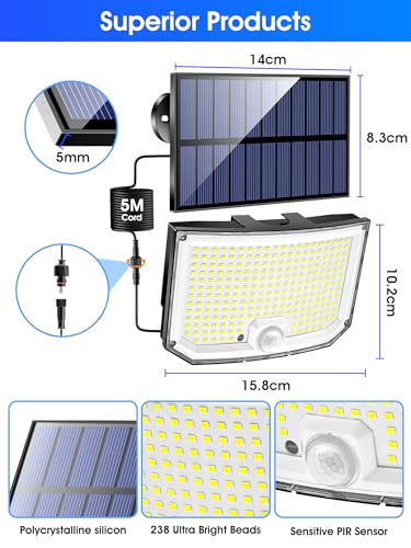 Solar Lights Outdoor Garden Lights,238LED 2000LM Solar Lights Outdoor Lights,3Mode Remote Solar Security Lights Outdoor Motion Sensor 270°,2200mAh Outdoor Wall Lights,IP65 Solar Lights Outdoor Garden