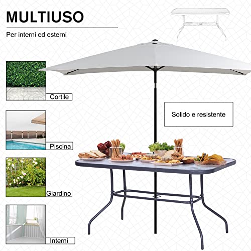 Outsunny Garden Dining Table Glass Top Metal Frame with Parasol Hole Outdoor Balcony Grey 140L x 80Wcm