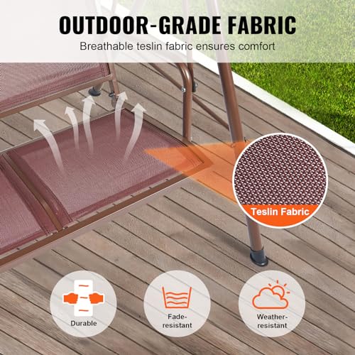 VEVOR 3-Seat Patio Swing Chair, Outdoor Patio Swing with Adjustable Canopy, Porch Swing with Armrests, Teslin Fabric and Alloy Steel Frame, for Balcony, Backyard, Patio, Garden, Poolside, Brown