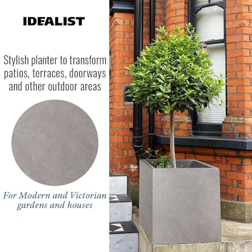 IDEALIST 50cm Large Square Planter for Trees | Grey Reinforced Stone Flower Pot with Drainage Holes L50 W50 H50.5 cm, 92 litres