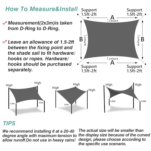 Cekene Sun Shade Sail Waterproof 2x3m Grey Rectangle Garden Sunscreen Awning Canopy with Free Loops 98% UV Block Shade Canopy Cover Outdoor Patio Sail Shade for Deck Lawn Garden Pool