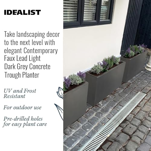 IDEALIST Set of 2 85cm Large Trough | Dark Grey Reinforced Stone Rectangle Plant Pot | Garden Planters with Drainage Holes L85 W26 H41 cm, 60 litres