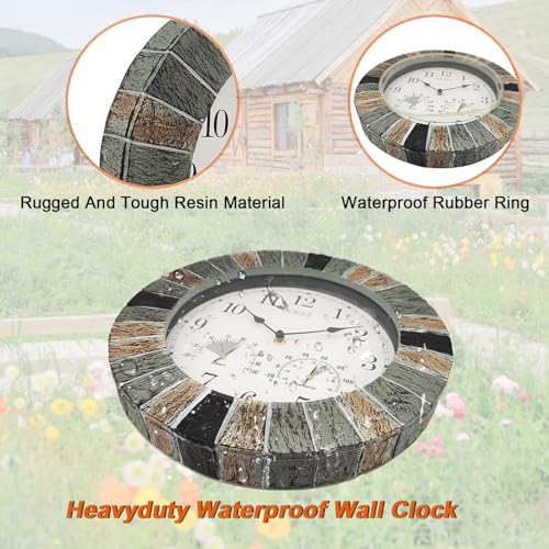 OCEST Heavy Duty Garden Clocks Outdoor Waterproof, 13inch Resin Large Wall Clock with Thermometer and Hygrometer Battery Operated Non Ticking Decorative for Patio Pool