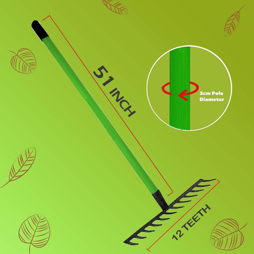 KKTECH Carbon Fibre Garden Rake for Soil - Long Lasting, Durable, Lightweight, 12-Tine Metal Rake Head - Heavy Duty Garden Rake for Gardening - Green (120 x 32 x 9 ) cm