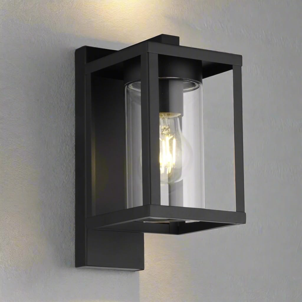 CGC Lighting Outdoor Outside Wall Light Black Security LED Modern, E27 Bulb, Mains Powered, Garden, Porch, Patio (Black)