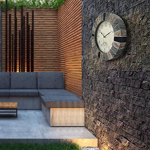 eYotto 13 Inch Garden Clocks Outdoor Waterproof, Large Wall Clock with Thermometer, Weatherproof Non-Ticking Battery Operated for Patio, Pool, Lanai, Fence, Porch, Backyard, Decor, Gift