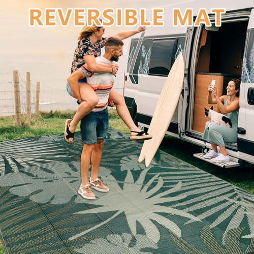 Homcomodar Outdoor Rugs 150x245cm Portable Camping Mat Reversible Mats Lightweight Plastic Straw Rug UV Resistant Patio Rug for Balcony Beach BBQ Deck(Green)