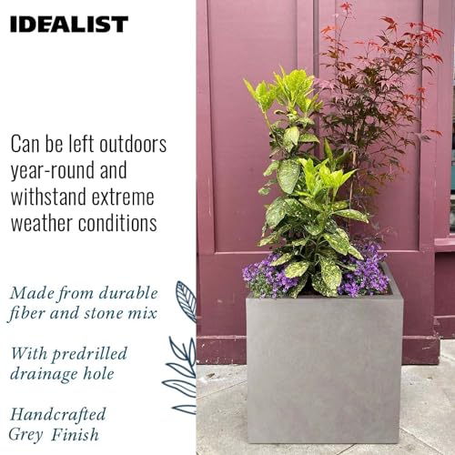 IDEALIST 50cm Large Square Planter for Trees | Grey Reinforced Stone Flower Pot with Drainage Holes L50 W50 H50.5 cm, 92 litres