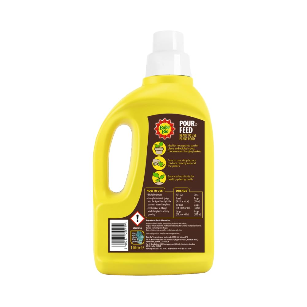 Baby Bio Pour & Feed Liquid Plant Food, 1L - Ready To Use Houseplant Food - with Seaweed Extract - to Stimulate Healthy Growth and Vibrant Flowering - Indoor Use Plant Nutrition