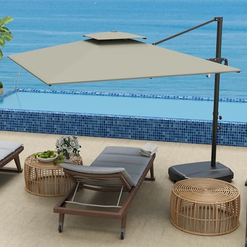 Outsunny 2.5m Garden Cantilever Parasol with Fillable Base, Up to 40kg, Double Top Garden Parasol, Square Overhanging Patio Umbrella with Crank Handle and Tilt for Outdoor Sun Shade, Light Grey