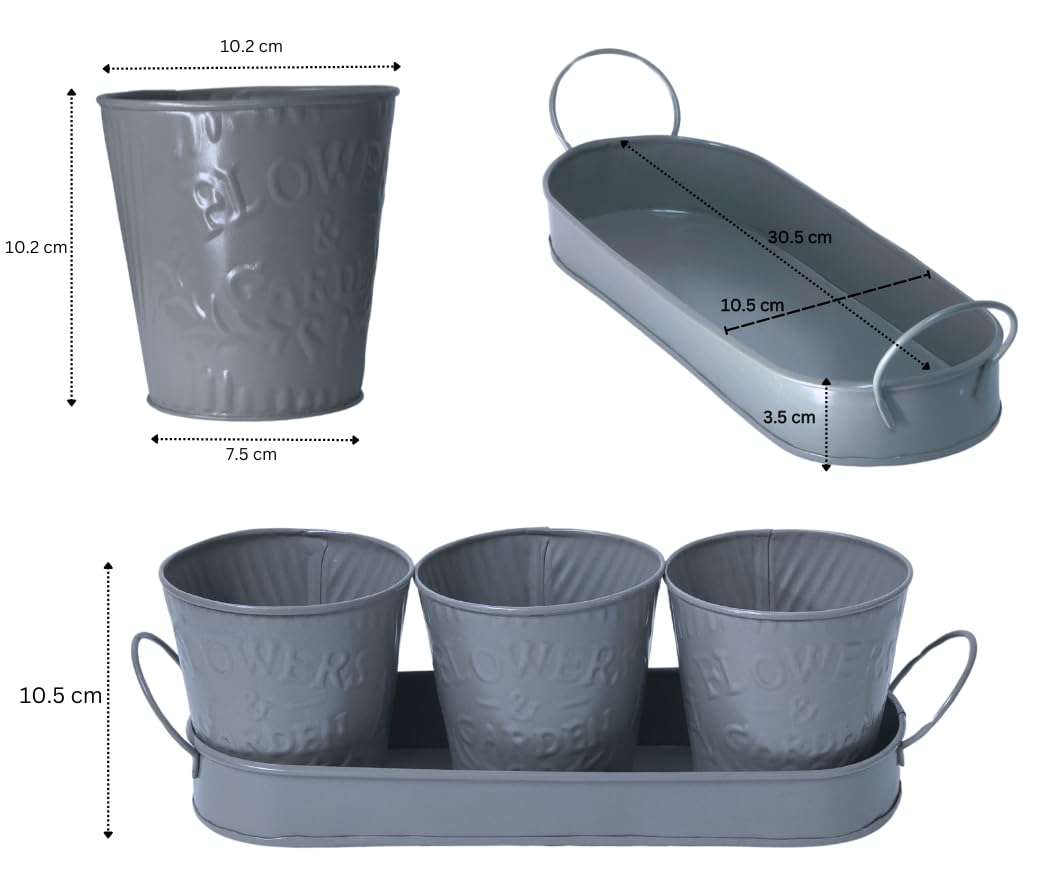 Trendi – Set of 3 Metal Plant Pots with Drip Tray | Embossed Indoor & Outdoor Plant Pots for Garden, Windowsill, Kitchen & Desk | Decorative Metal Flower Pots for Herbs & Plants | Light Green