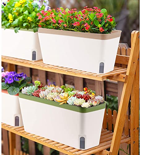LATERN 3Pcs Self Watering Planter Pot, 27CM Rectangle Plastic Plant Pot Garden Flower Bonsai Pots for Aloe Herb Orchid Succulent Plants - with Water Level Window and Drainage Hole Hidden Tray