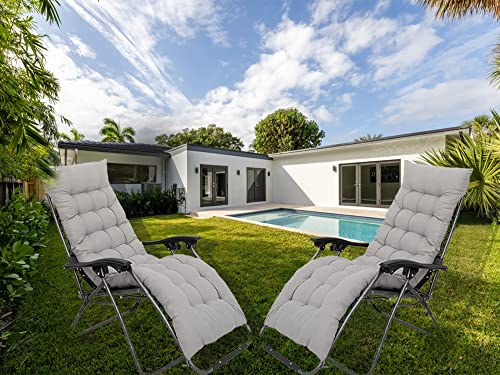 XEO HOME 2pcs Sun Lounger Chairs with Cushions Padded Set of 2 Zero Gravity Reclining Foldable Chair Portable Garden Camping Thick Comfortable Non-Slip Relaxer (Black With Beige Grey Cushions)