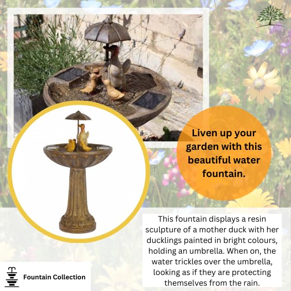 Garden Mile Novelty Duck Family Water Fountain with Umbrella - Solar Powered Freestanding Stone Bird Bath Water Feature - Garden Ornament Outdoor Decorative Centrepiece for Pond, Patio and Lawn Decor