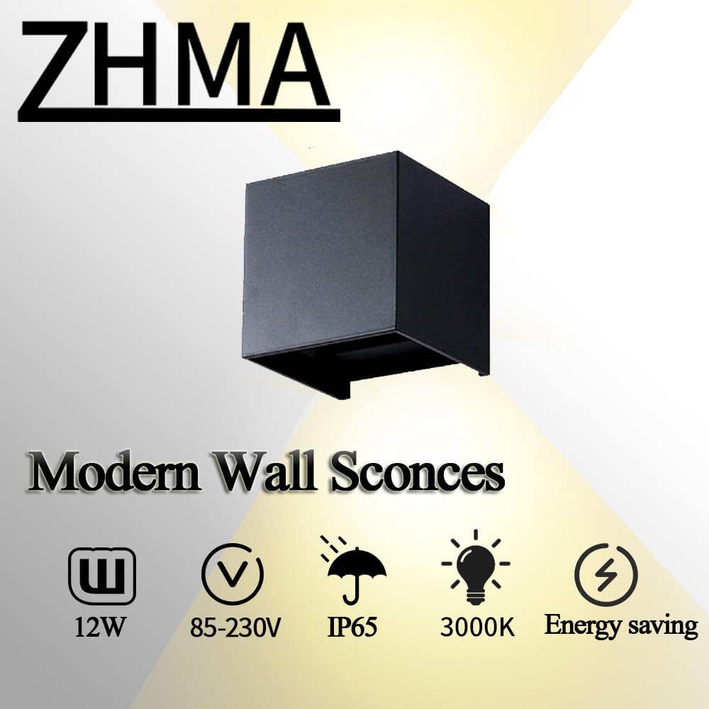ZHMA Wall Lights 3000K Warm White Light Modern LED Outside Lights 2pack,12W Metal Cover IP65 Waterproof Adjustable Beam Aluminum Black Outdoor Lights for Side Door,Living Room,Bedroom,Garage