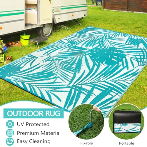 Famiaby Outdoor Rugs Waterproof Large Patio Garden Rugs Portable Camping Mat Lightweight Picnic Blanket Floor Mat for Balcony Deck Backyard Porch Beach BBQ (Teal, 180 x 270 cm)