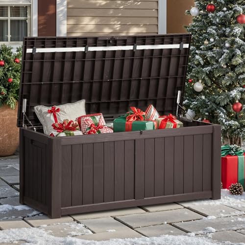 YITAHOME 450L Garden Storage Box Waterproof, Large Outdoor Storage Box with Lid, Lockable Deck Boxes Outdoor Storage Containers for Patio Cushions Garden Tools, Brown, 140 x 66 x 59cm