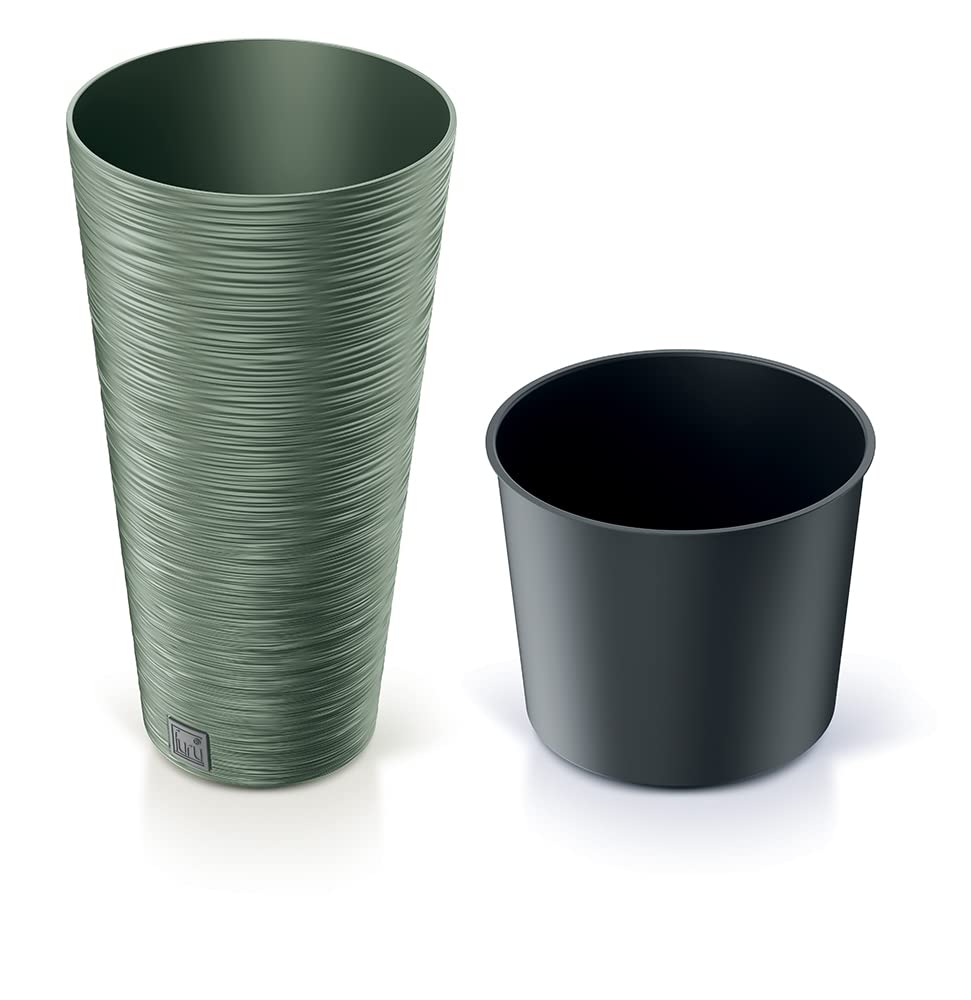 Round Wood And Grain Look Planter Tall Flower Plant Pot Indoor Outdoor Garden Decor Contemporary Modern D 30cm H57.5cm (Earth Green)