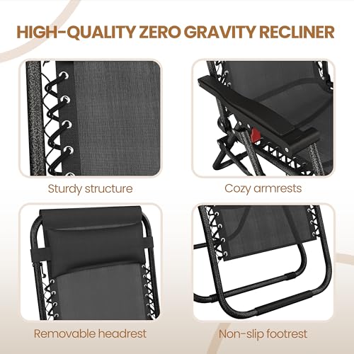 Yaheetech Zero Gravity Chairs Outdoor Adjustable Folding Sunloungers Lounge Recliners w/Pillows, Cup Holder and Carry Strap for Patio Porch Deck Black Set of 2