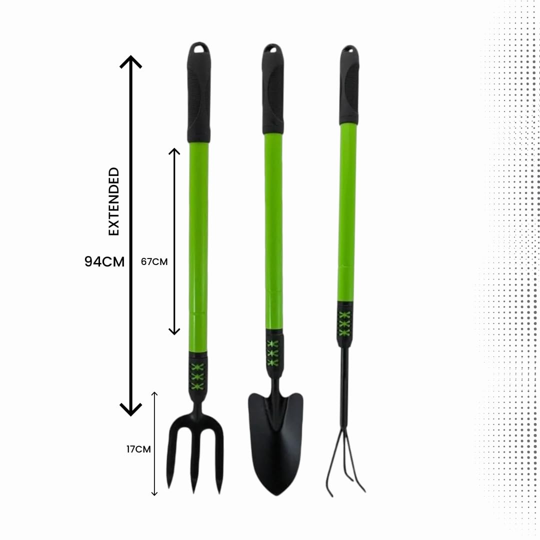 HomeVibe 3PC Telescopic Garden Hand Tool Set – Extendable Gardening Fork, Trowel & Cultivator – Adjustable Handle for Comfortable Planting & Weeding