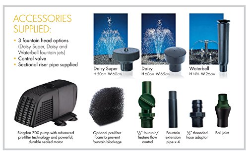 Blagdon Minipond Pond Pump 700 (to Run Fountains for Small Ponds up to 1500 Litre), 3 Fountain Heads, Black