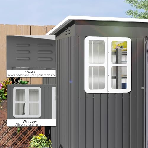 Outsunny 8.5 x 6ft Storage Shed Galvanised Steel Garden Shed, Metal Shed with Foundation Kit, Window, Lockable Wide Doors and Air Vents for Outdoor Patio, Dark Grey