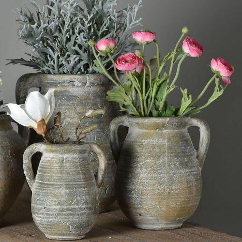 Grey Stone Jar with Handles, Stone Greek Style Whitewashed Rustic Urn Vase Planter, Vintage Style Jar, Rustic Weathered Large Pot, 2 Sizes (Small)