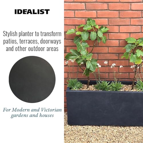 IDEALIST Set of 2 85cm Large Trough | Dark Grey Reinforced Stone Rectangle Plant Pot | Garden Planters with Drainage Holes L85 W26 H41 cm, 60 litres