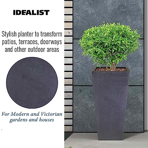 IDEALIST Set of 2 Small 50.5cm Tall Planter for Garden | Dark Grey Reinforced Stone Tapered Square Planter | Outdoor Pots with Drainage Holes L24.5 W24.5 H50.5 cm, 18 litres