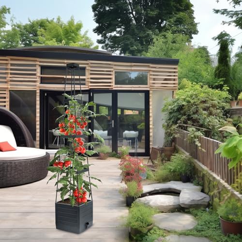 MYMULIKE Raised Garden Bed Planter Box with Trellis, Tomato Cage Planter, Raised Garden Bed with Trellis for Climbing Vegetables Plants Tomato Cage, Self-Watering, Indoor Outdoor Use (2pcs black)