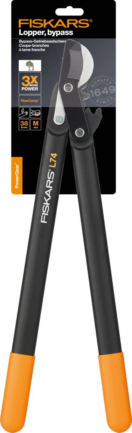 Fiskars PowerGear Loppers Bypass, Hook Head (M) L74, Hook Head, Non-stick coating, Cutting diameter: 3.8 cm, Hardened steel, Length: 55 cm, Black/Orange, 1000582