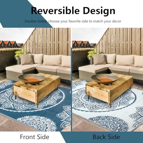 Famibay Outdoor Rug Waterproof Plastic Straw Garden Rugs Reversible Rug 120 x 180 cm Outdoor Patio Carpet UV Resistant Portable Mandala Area Rug for RV Balcony Picnic Blue