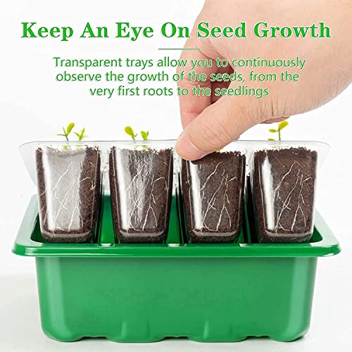 KAHEIGN 12Pcs Seed Starter Trays, 144 Cells Seed Propagator Trays Heavy Duty Plastic Plant Seed Growing Trays Kit with Adjustable Vents Dome and Base, 20Pcs Plant Labels, 2Pcs Seeding Tools