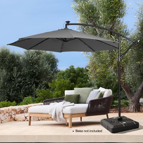 Panana 3M Garden Cantilever Parasol with 24 Solar Powered LED Lights Outdoor Banana Hanging Umbrella with Crank Mechanism Sun Shade Canopy for Poolside, Deck, Patio and Balcony Dark Grey