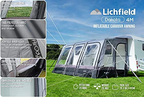 Lichfield Dakota Inflatable Caravan Air Awning, Excalibur, 4m [Amazon Exclusive], 150D Waterproof Polyester with PVC Draught Skirt, Rock Pegs and Storm Straps
