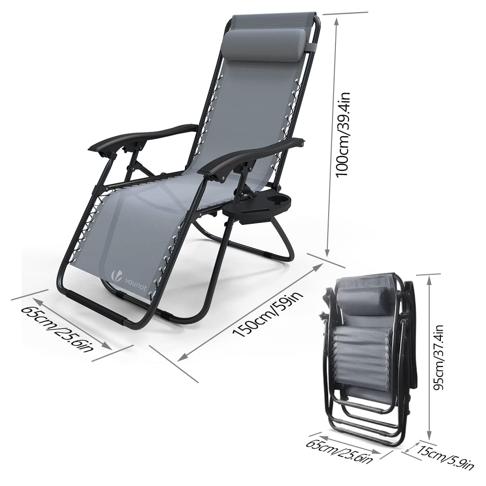 VOUNOT® Set of 2 Zero Gravity Sun Loungers, with Cup Holder and Phone Hoder, Adjustable Textoline Reclining Garden Chairs, Grey