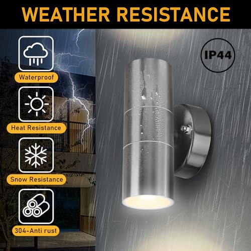 Kerry Outdoor Wall Lights, LED Up Down Mains Powered Lighting, Silver Stainless Steel IP44 Waterproof, Exterior Wall Sconce for Indoor, Front Door, Patio, Hallway, Porch, Garden, Garage, Post