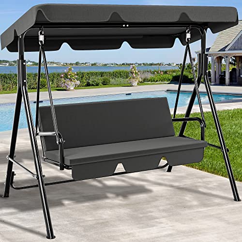 YITAHOME Canopy Swing Chair, 3 Seater Garden Swing Seat Chair, Outdoor Swinging Chair Bench with Adjustable Canopy & Removable Cushion for Patio Poolside Porch, 200KG Loadable,170 x 110 x 153cm, Grey