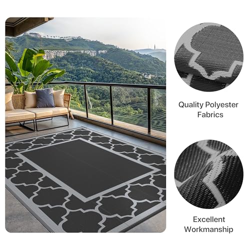GENIMO Outdoor Rug Garden Rugs Waterproof Reversible Plastic Carpet, Washable Large Outdoor Rug for RV, Patio, Camping, Picnic, Deck, Camper, 180x275cm, Black & Grey
