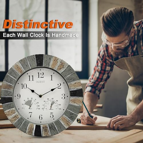 OCEST Heavy Duty Garden Clocks Outdoor Waterproof, 13inch Resin Large Wall Clock with Thermometer and Hygrometer Battery Operated Non Ticking Decorative for Patio Pool