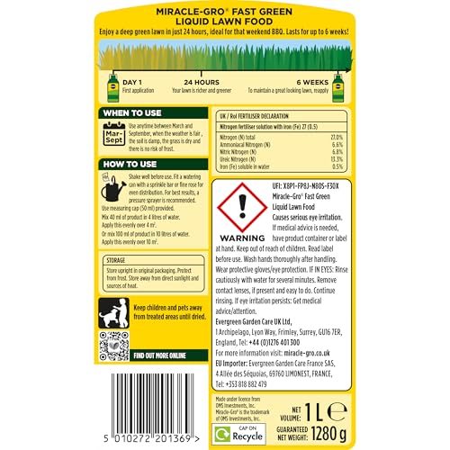 Miracle-Gro Fast Green Lawn Food Concentrated Liquid, 1 litre concentrate, 100 m² coverage